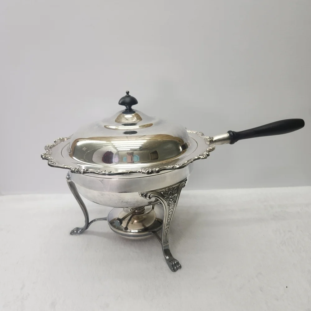 Vtg Elegant Silver Chafing Dish with Black Handle Used To Keep The Food Warm.